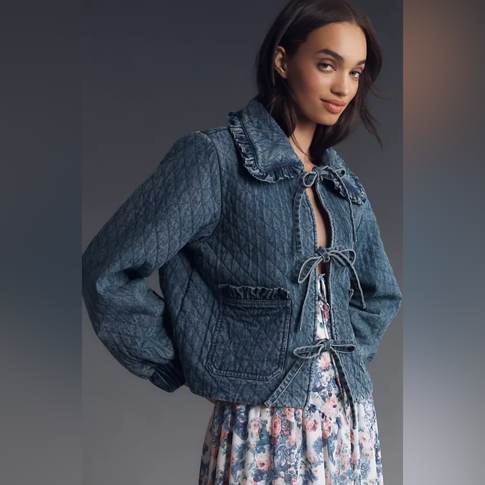 Avec Les Filles Quilted Denim Tie-Front Jacket - Blue